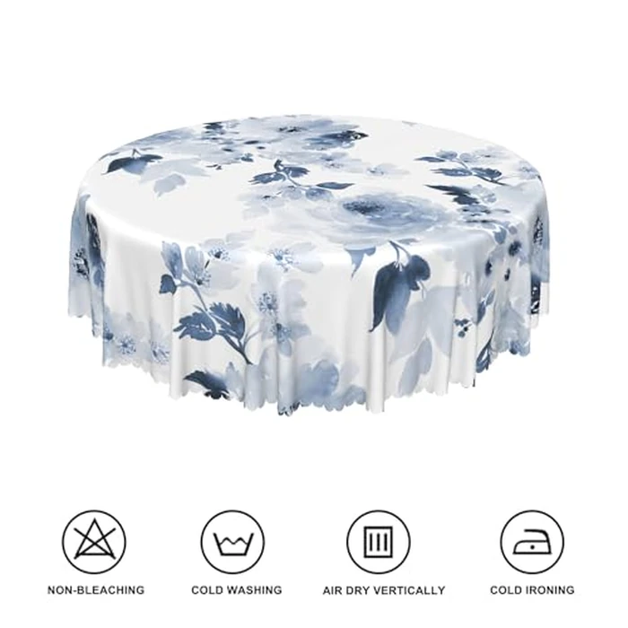TTQYFNM Watercolor Blue Floral Round Tablecloth 54 Inch Navy and White Flowers Printed Modern Art Circular Table Cloth Waterproof Fabric Table Cover for Home Kitchen Dining Room Patio Party Decors by TTQYFNM - Image 6