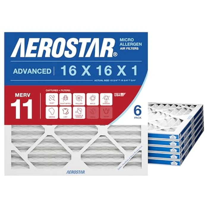 Aerostar 16x16x1 MERV 11 Air Filter, 6 Count, ACTUAL SIZE (15.75 x 15.75 x 0.75 ), HVAC, Air Conditioning & Furnace Filter for Dust, Pet Dander, Smoke & Allergies (MPR 1200 / FPR 7), Made in USA by Aerostar - Used - Very Good condition