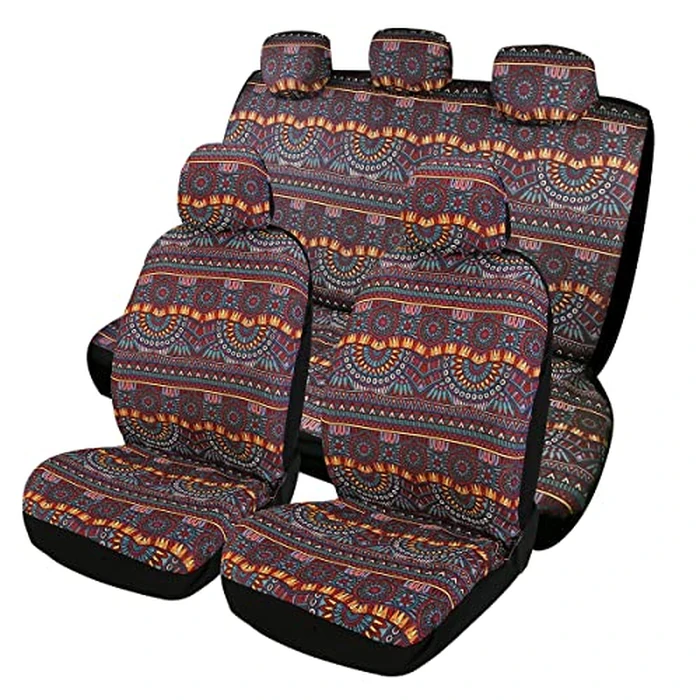 PONYJOYUP Baja Saddle Blanket Car Seat Covers 9PCS Full Set, Breathable and Washable Striped Woven Automotive Vehicle Seat Cover, Universal Boho Seat Cover for Sedan, SUV, Truck, Airbag Compatible by PONYJOYUP - Used - Like New condition - US$27.03