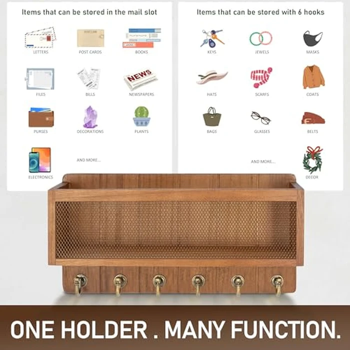 Rebee Vision Key Holder Wall Mount with Mesh Mail Basket - Mail Organizer for Wall Decor with 6 Key Hooks for Entryway, Kitchen - Functional Home Decor & Space-Saving Wooden Organizer (Golden Hook) by Rebee Vision - Image 4