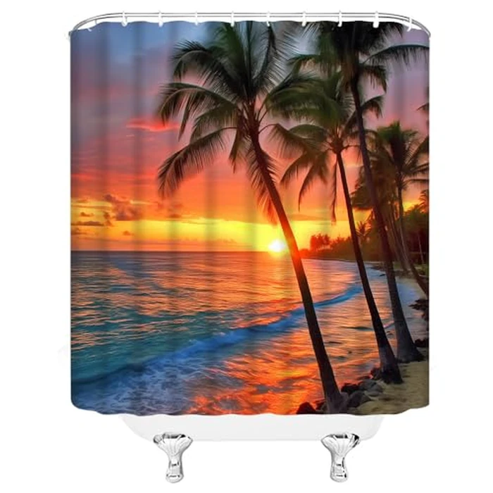 Ocean Beach Shower Curtain Tropical Palm Tree Sunset Sea Waves Coastal Landscape Coastal Nature Scenery Bathroom Decor Fabric Curtain with Hooks,70" WX70 H Inches by GCTNBJL - Image 3