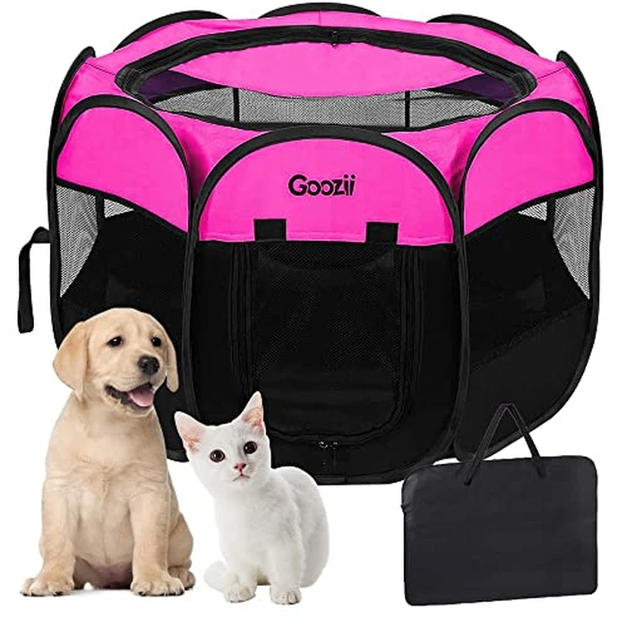 GOOZII Pet Cat Playpen for Indoor Cats Enclosed, Portable Foldable Dog Playpen Outdoor Tent Crate Cage with Zipper Top Cover Door for Kitten Puppy Outside Rv Car Camper (Small Size, Pink) by Goozii - Image 1