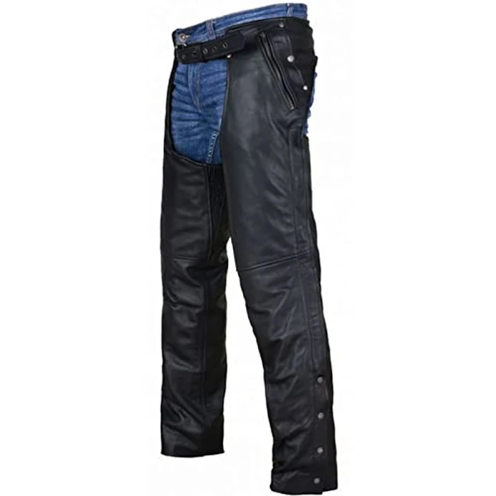 Dream Apparel Black Leather Motorcycle Riding Chaps for Men and Women W/Removable Liner and Four Deep Pockets, Cowboy Biker Chaps Pants (Size 3XL) by Dream Apparel - Used - Like New condition - US$44.07