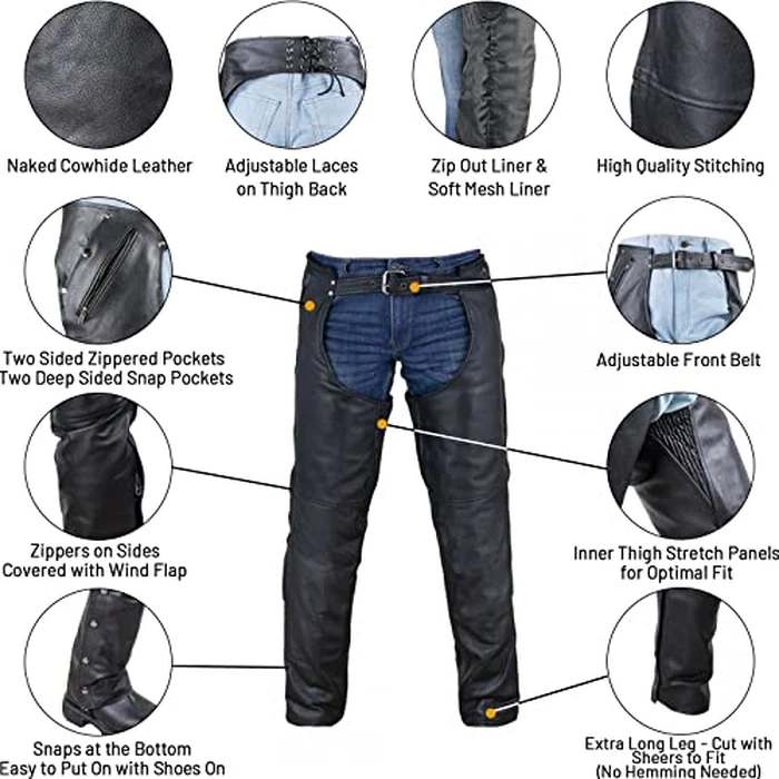 Dream Apparel Black Leather Motorcycle Riding Chaps for Men and Women W/Removable Liner and Four Deep Pockets, Cowboy Biker Chaps Pants (Size 3XL) by Dream Apparel - Image 2