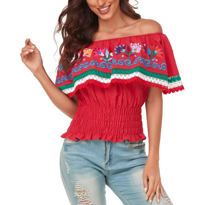 YZXDORWJ Women Mexican Embroidered Off-Shoulder Shirt Lace Falbala Top (S, 347R) by YZXDORWJ - Used - Very Good condition - US$22.82