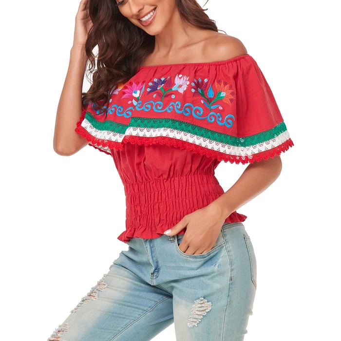 YZXDORWJ Women Mexican Embroidered Off-Shoulder Shirt Lace Falbala Top (S, 347R) by YZXDORWJ - Image 2