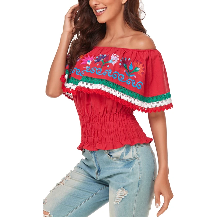 YZXDORWJ Women Mexican Embroidered Off-Shoulder Shirt Lace Falbala Top (S, 347R) by YZXDORWJ - Image 3