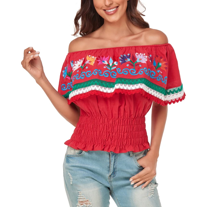 YZXDORWJ Women Mexican Embroidered Off-Shoulder Shirt Lace Falbala Top (S, 347R) by YZXDORWJ - Image 4