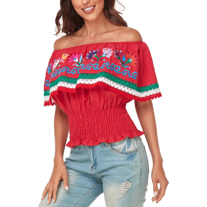 YZXDORWJ Women Mexican Embroidered Off-Shoulder Shirt Lace Falbala Top (S, 347R) by YZXDORWJ - Image 5