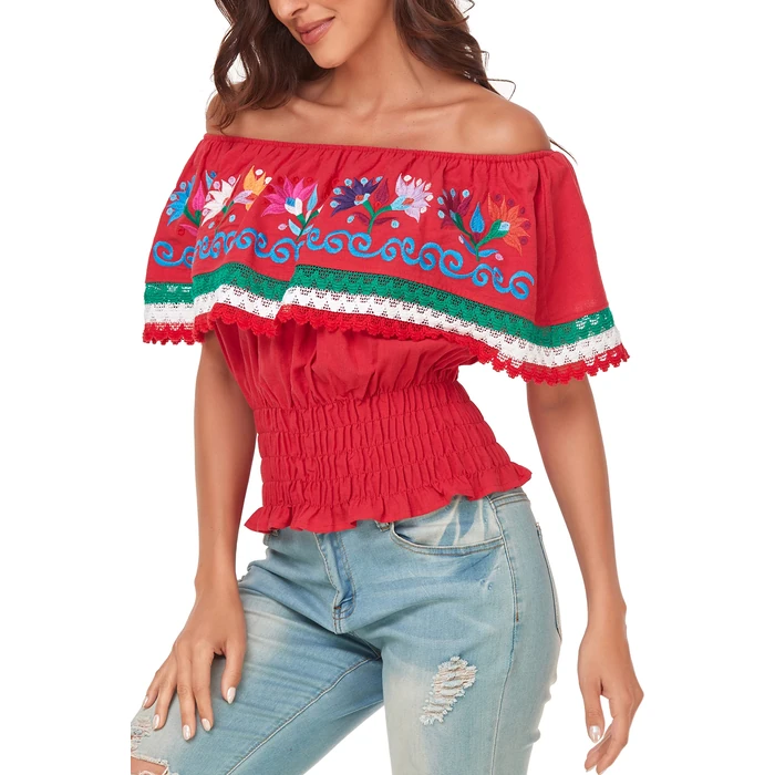 YZXDORWJ Women Mexican Embroidered Off-Shoulder Shirt Lace Falbala Top (S, 347R) by YZXDORWJ - Image 6