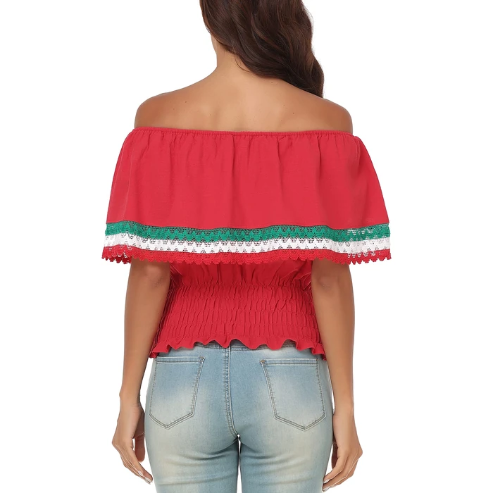 YZXDORWJ Women Mexican Embroidered Off-Shoulder Shirt Lace Falbala Top (S, 347R) by YZXDORWJ - Image 7