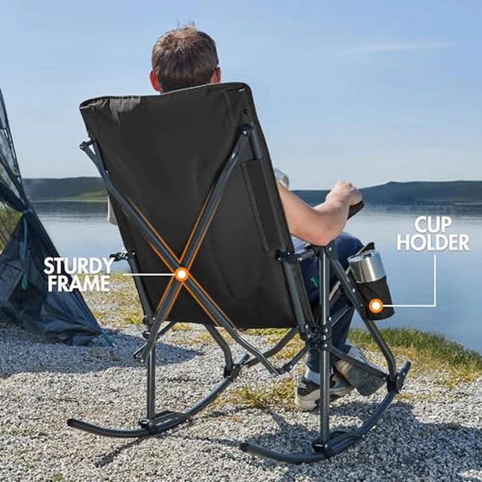 Portal Oversized Folding Rocking Camping Chair High Back Outdoor Rocker Portable for Outside Lawn Patio Travel Garden, Supports 400 lbs, Padded Back, Black Grey by Portal - Image 5