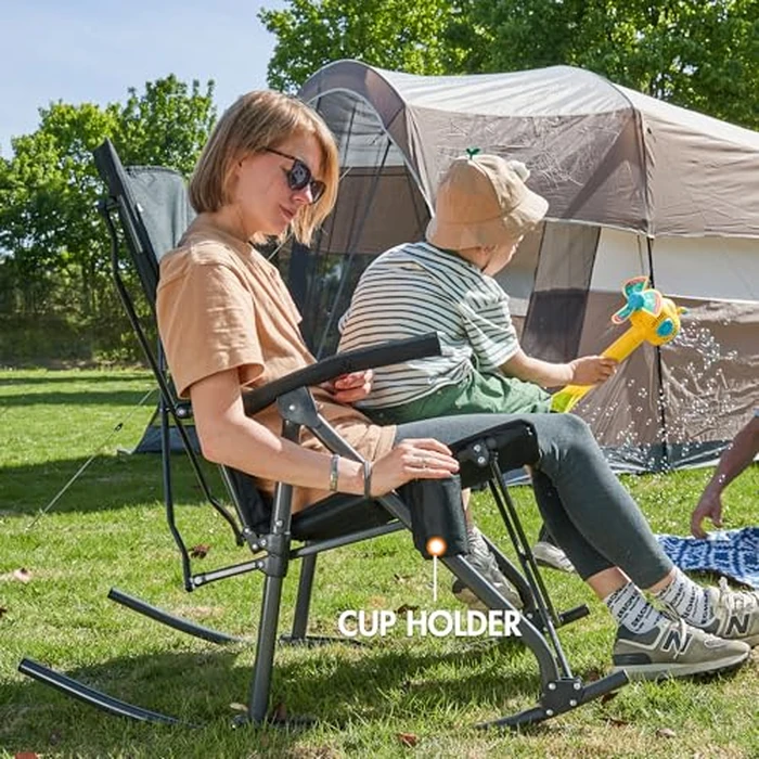 Portal Oversized Folding Rocking Camping Chair High Back Outdoor Rocker Portable for Outside Lawn Patio Travel Garden, Supports 400 lbs, Padded Back, Black Grey by Portal - Image 7
