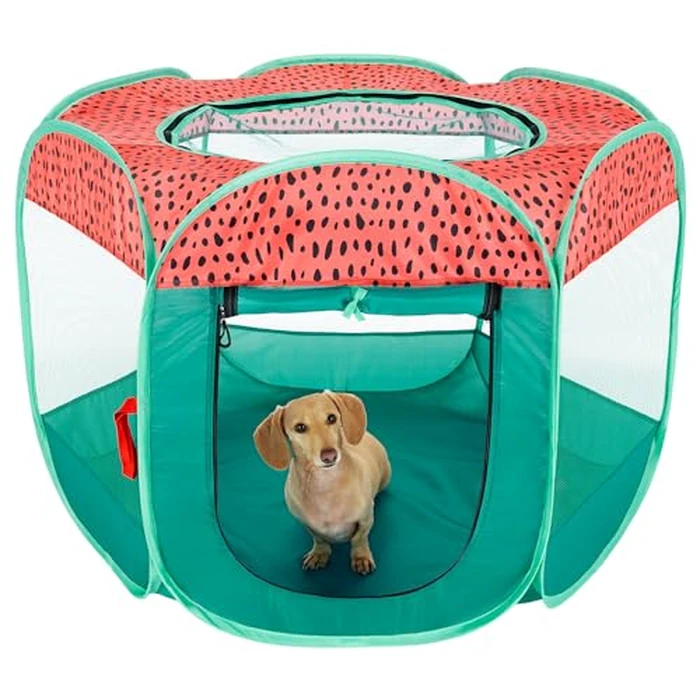 Furhaven Portable Dog Playpen Cat Tent, Pet Playground,Kennel Foldable Indoor Outdoor Zippered Puppy Crate - Green & Pink, Medium by Furhaven - Used - Very Good condition - US$26.09