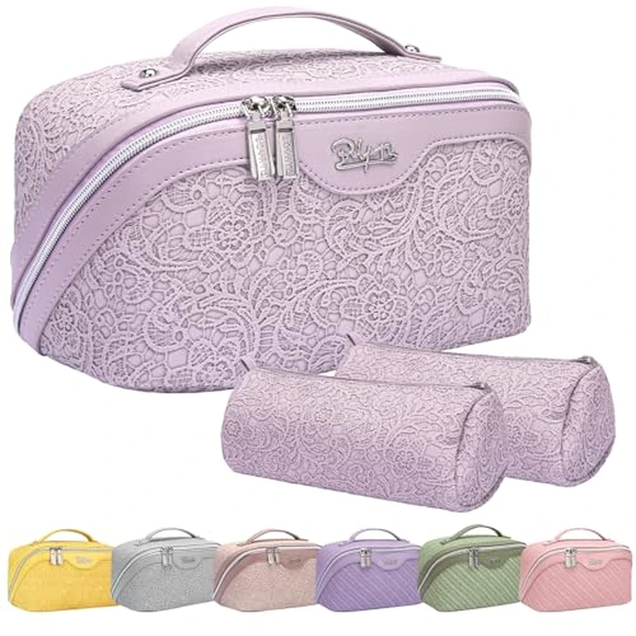 BOYATU Travel Makeup Bags Cosmetic Organizer Bag: 3-Set Large Capacity Make up Bag - PU Leather Toiletry Bags for Women - Wide Open Portable Pouch with Divider & Handle (02-Z-Violet) by BOYATU - Used - Like New condition - US$26.13