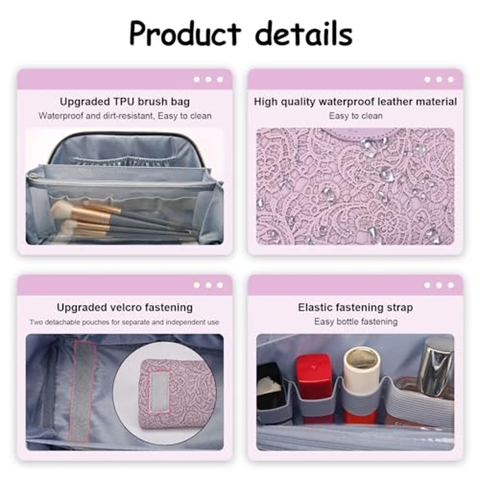 BOYATU Travel Makeup Bags Cosmetic Organizer Bag: 3-Set Large Capacity Make up Bag - PU Leather Toiletry Bags for Women - Wide Open Portable Pouch with Divider & Handle (02-Z-Violet) by BOYATU - Image 3