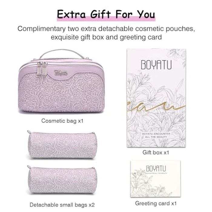 BOYATU Travel Makeup Bags Cosmetic Organizer Bag: 3-Set Large Capacity Make up Bag - PU Leather Toiletry Bags for Women - Wide Open Portable Pouch with Divider & Handle (02-Z-Violet) by BOYATU - Image 6