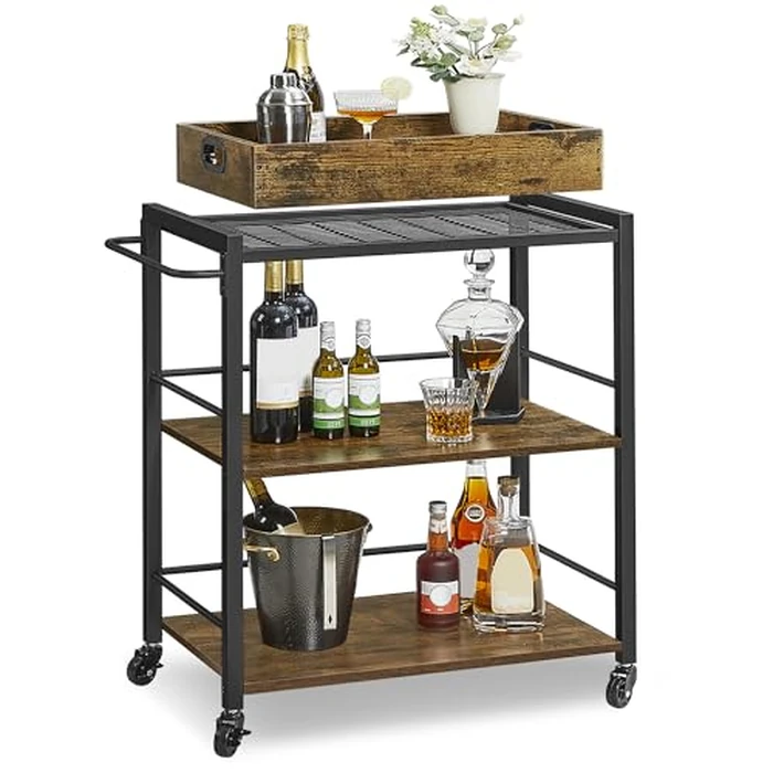 VASAGLE Kitchen Serving Cart with Removable Tray, 3-Tier Kitchen Utility Cart on Wheels with Storage, with Brakes, Leveling Feet, 15.7 x 28.3 x 33.9 Inches, Rustic Brown and Black ULRC72X by VASAGLE - Used - Like New condition