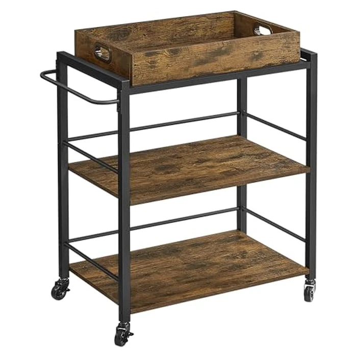 VASAGLE Kitchen Serving Cart with Removable Tray, 3-Tier Kitchen Utility Cart on Wheels with Storage, with Brakes, Leveling Feet, 15.7 x 28.3 x 33.9 Inches, Rustic Brown and Black ULRC72X by VASAGLE - Image 2