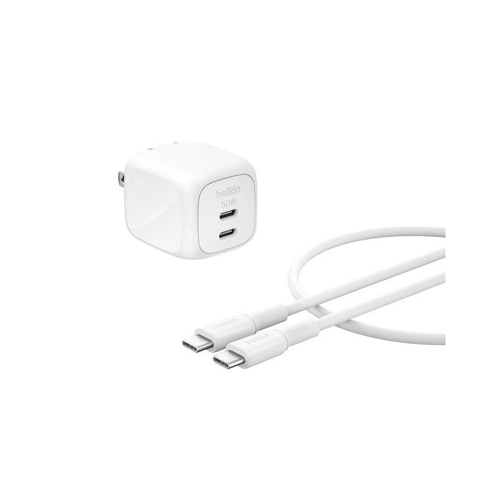 Belkin 2-Port USB C Charger Block 50W, Dual-Port GaN Charger w/ 2X USB C Ports & Included 1M C-C Cable, Fast Charging for MacBook, iPhone, iPad, Chromebook, Galaxy, Pixel - Travel Essentials - White by Belkin - Used - Like New condition - US$37.22