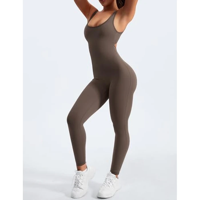 YEOREO Sleeveless Jumpsuits for Women Sexy Backless Gym Bodycon Lizvette V Back Scrunch Butt Rompers Coffee M by YEOREO - Image 8