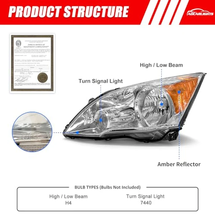 ADCARLIGHTS Headlight Compatible with Honda CR-V 2007 2008 2009 2010 2011 Headlamp with Chrome Housing Amber Reflector Replacement Pair Driver and Passenger Side（W/O Bulbs） by ADCARLIGHTS - Image 2
