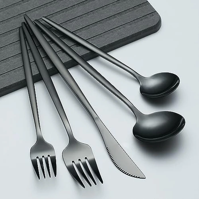 Evanda Black Cutlery Set 40 Piece Service for 8, Titanium Black Plating Stainless Steel Silverware Set, Include Knives Forks Spoons Set, Idea Gift for Home and New Apartment, Dishwasher Safe by Evanda - Image 8