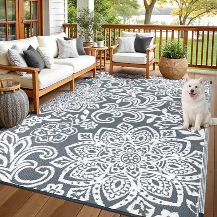 Findosom Waterproof Outdoor Rug 6' x 9' - Reversible Mandala Outdoor Plastic Straw Rug, Durable Foldable Patio Rug for RV, Deck, Balcony, Backyard, Picnic, Porch, Camping, Beach, Gray by Findosom - Used - Like New condition - CA$40.84