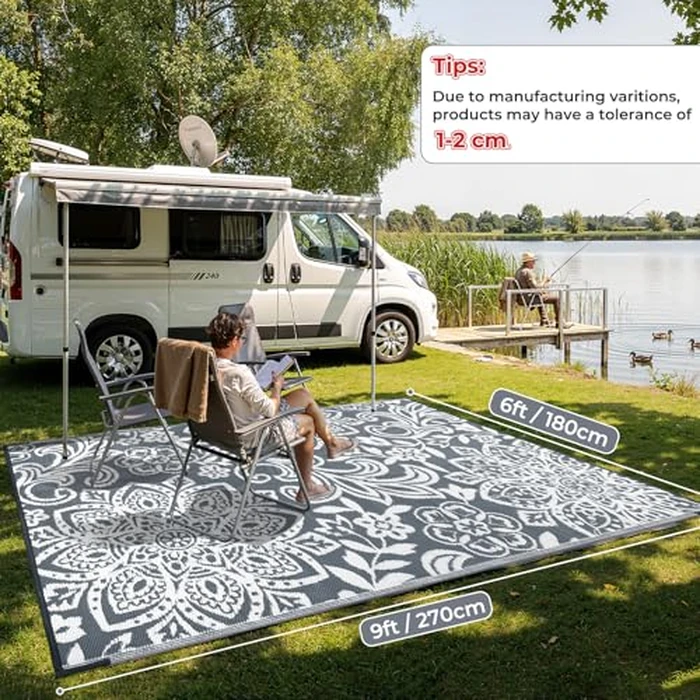 Findosom Waterproof Outdoor Rug 6' x 9' - Reversible Mandala Outdoor Plastic Straw Rug, Durable Foldable Patio Rug for RV, Deck, Balcony, Backyard, Picnic, Porch, Camping, Beach, Gray by Findosom - Image 2