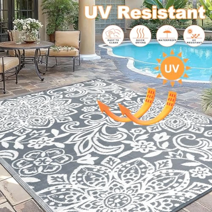 Findosom Waterproof Outdoor Rug 6' x 9' - Reversible Mandala Outdoor Plastic Straw Rug, Durable Foldable Patio Rug for RV, Deck, Balcony, Backyard, Picnic, Porch, Camping, Beach, Gray by Findosom - Image 4