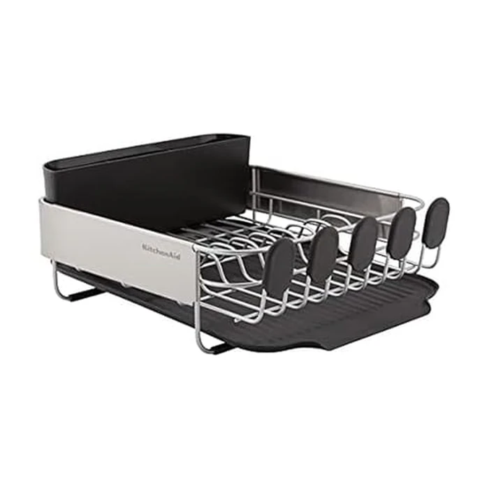 KitchenAid Compact, Space Saving Rust Resistant Dish Rack with Removable Flatware Caddy and Angled Self Draining Drainboard, 16.06-Inch, Black by KitchenAid - Used - Very Good condition - US$51.68
