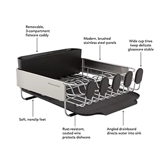 KitchenAid Compact, Space Saving Rust Resistant Dish Rack with Removable Flatware Caddy and Angled Self Draining Drainboard, 16.06-Inch, Black by KitchenAid - Image 8