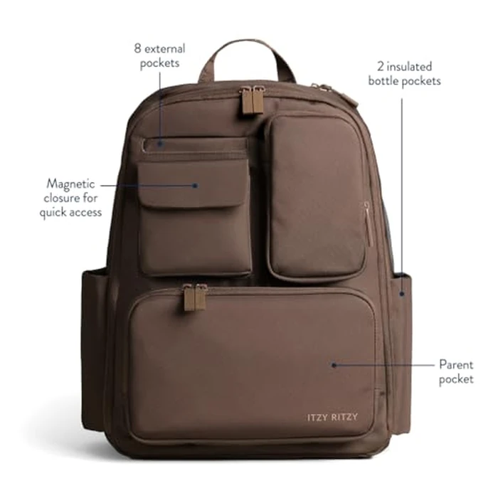 Itzy Ritzy Utility Diaper Bag Backpack - Features 17 Pockets (Including 2 Insulated Bottle Holders) & Trolley Sleeve and Includes Stroller Straps & Changing Pad - Part of the Belong Collection (Mocha) by Itzy Ritzy - Image 3