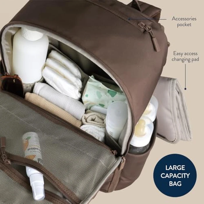 Itzy Ritzy Utility Diaper Bag Backpack - Features 17 Pockets (Including 2 Insulated Bottle Holders) & Trolley Sleeve and Includes Stroller Straps & Changing Pad - Part of the Belong Collection (Mocha) by Itzy Ritzy - Image 7