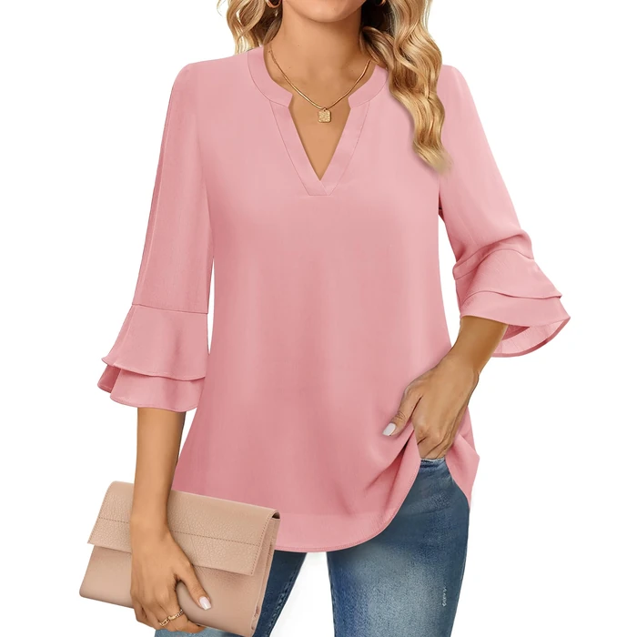 Lotusmile Women's 3/4 Lengh Sleeve V Neck Layers Dressy Casual Chiffon Blouses Summer Flowy Tops for Cruise Music Festival Pink Blouses for Women Dressy Casual Elegant Dress Shirts Teacher Clothes L by Lotusmile - Image 2