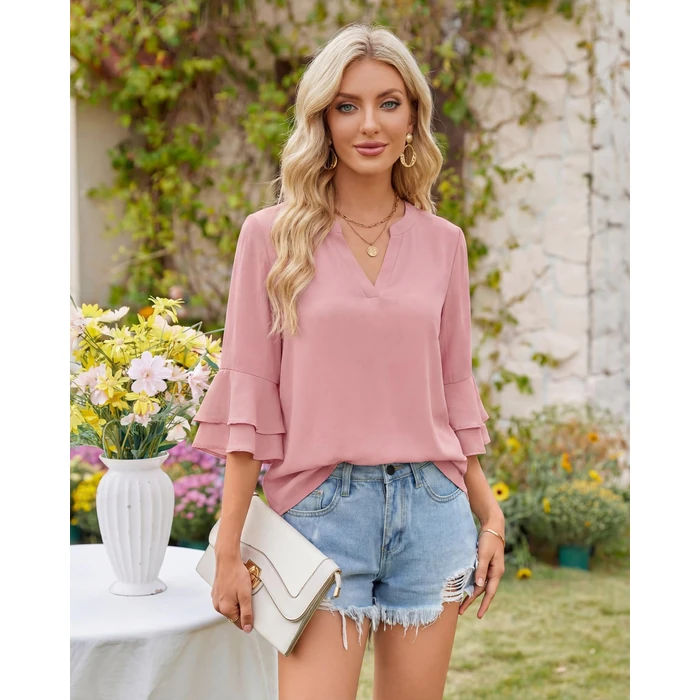 Lotusmile Women's 3/4 Lengh Sleeve V Neck Layers Dressy Casual Chiffon Blouses Summer Flowy Tops for Cruise Music Festival Pink Blouses for Women Dressy Casual Elegant Dress Shirts Teacher Clothes L by Lotusmile - Image 3
