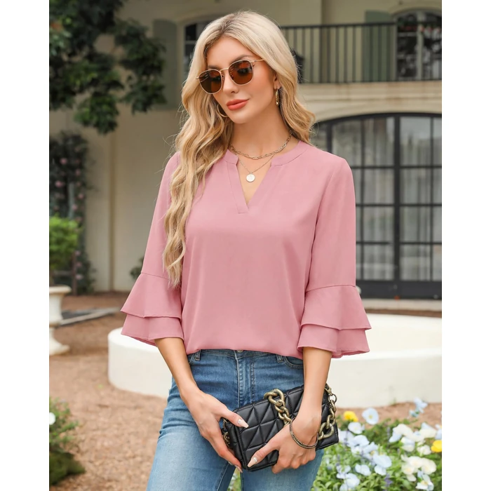 Lotusmile Women's 3/4 Lengh Sleeve V Neck Layers Dressy Casual Chiffon Blouses Summer Flowy Tops for Cruise Music Festival Pink Blouses for Women Dressy Casual Elegant Dress Shirts Teacher Clothes L by Lotusmile - Image 4