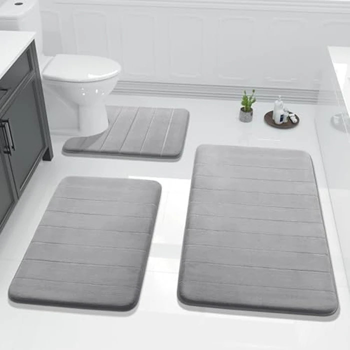 Yimobra 3 Pieces Memory Foam Bath Mat Set with U-Shaped Toilet Rug - Non Slip Super Soft Absorbent Quick Dry Bathroom Rugs for Bathtub, Vanity & Toilet Base, Gray by Yimobra - Used - Like New condition