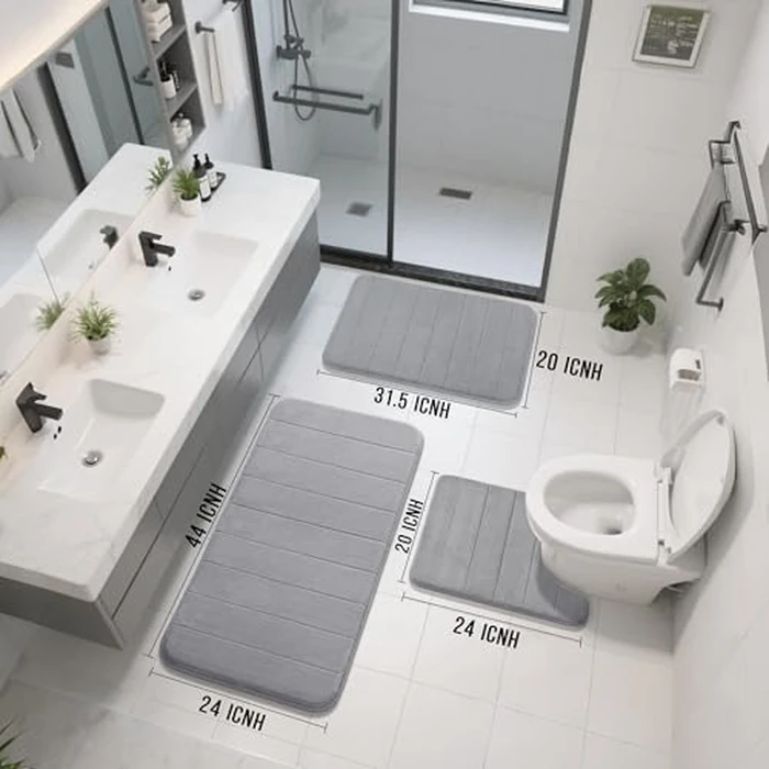 Yimobra 3 Pieces Memory Foam Bath Mat Set with U-Shaped Toilet Rug - Non Slip Super Soft Absorbent Quick Dry Bathroom Rugs for Bathtub, Vanity & Toilet Base, Gray by Yimobra - Image 2