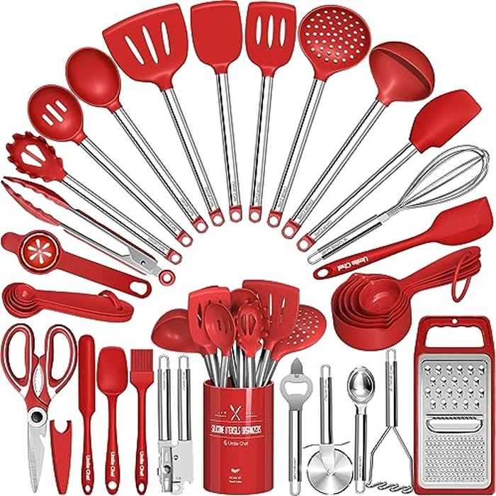 Kitchen Utensils Set- Umite Chef 34 PCs Cooking Utensils with Grater, Spoon Spatula, Heat Resistant Food Grade Silicone, Stainless Steel Handles Kitchen Gadgets Tools Set for Nonstick Cookware(Red) by Umite Chef - Image 1