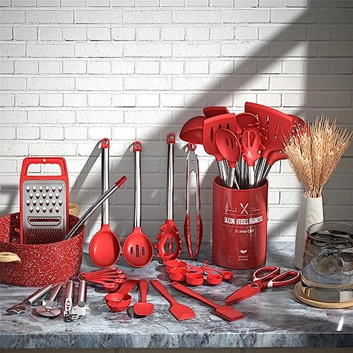 Kitchen Utensils Set- Umite Chef 34 PCs Cooking Utensils with Grater, Spoon Spatula, Heat Resistant Food Grade Silicone, Stainless Steel Handles Kitchen Gadgets Tools Set for Nonstick Cookware(Red) by Umite Chef - Image 2