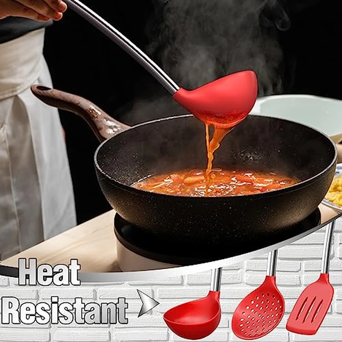 Kitchen Utensils Set- Umite Chef 34 PCs Cooking Utensils with Grater, Spoon Spatula, Heat Resistant Food Grade Silicone, Stainless Steel Handles Kitchen Gadgets Tools Set for Nonstick Cookware(Red) by Umite Chef - Image 6