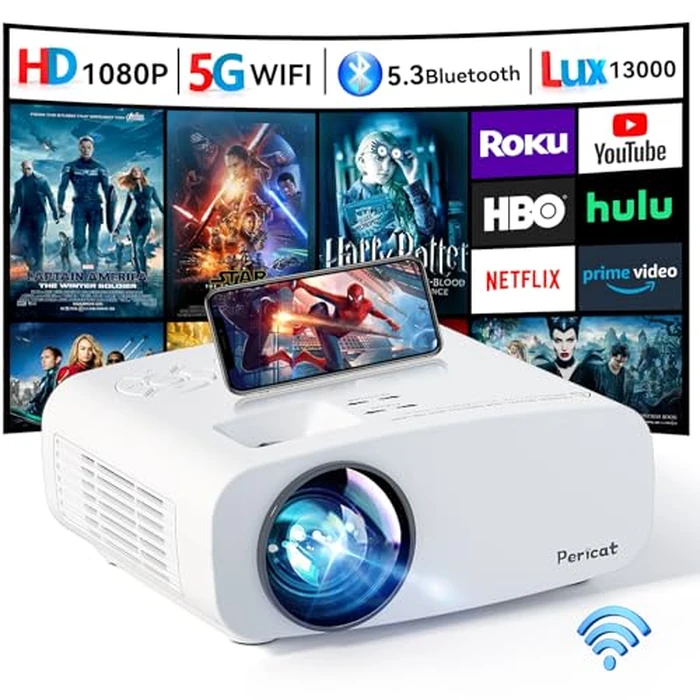 Projector with WiFi and Bluetooth, Pericat 4K Supported Native 1080P Projector, Portable Movie Outdoor Projector for Home Theater, Mini Projector Compatible with PC, HDMI, USB, TV Stick, PS5 by pericat - Image 1