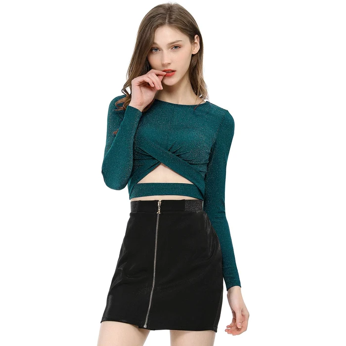 Allegra K Women's Glitter Top Twist Fitted Long Sleeve Cutout Party Cropped Sparkly Tops Medium Green by Allegra K - Image 2