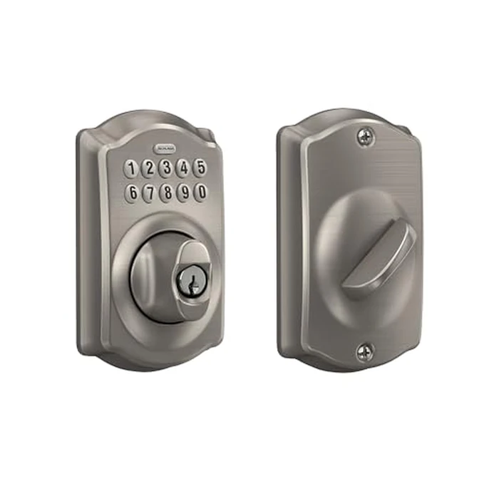 Schlage Camelot Electronic Keypad Deadbolt Lock, Keyless Front Door Entry, Mechanical Key Backup Included, Satin Nickel, BE365 V CAM 619 by SCHLAGE - Used - Like New condition - US$79.40