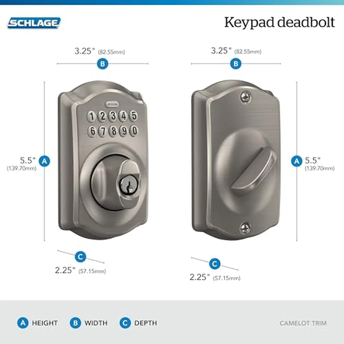 Schlage Camelot Electronic Keypad Deadbolt Lock, Keyless Front Door Entry, Mechanical Key Backup Included, Satin Nickel, BE365 V CAM 619 by SCHLAGE - Image 3