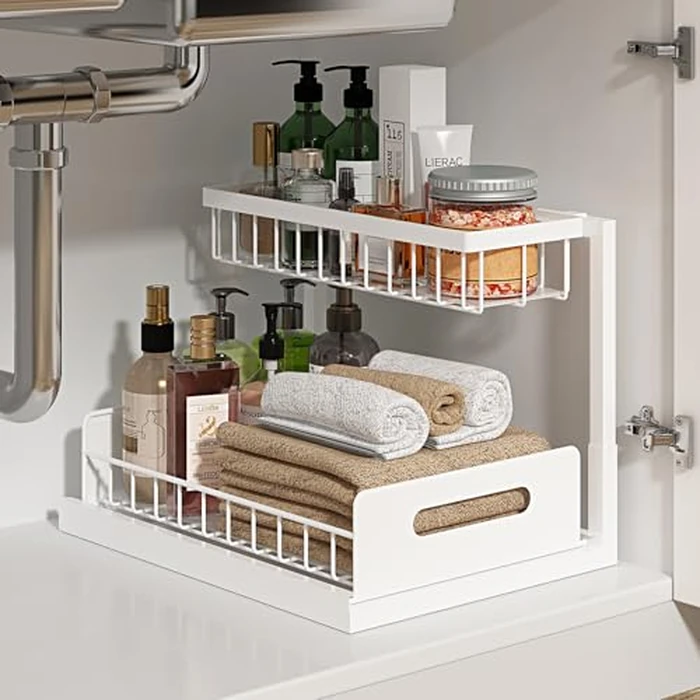 REALINN Under Sink Organizer, Pull Out Cabinet Organizer 2 Tier Slide Out Sink Shelf Cabinet Storage Shelves, Under Sink Storage for Kitchen Bathroom Cabinet, White, 1 Pack by REALINN - Used - Very Good condition