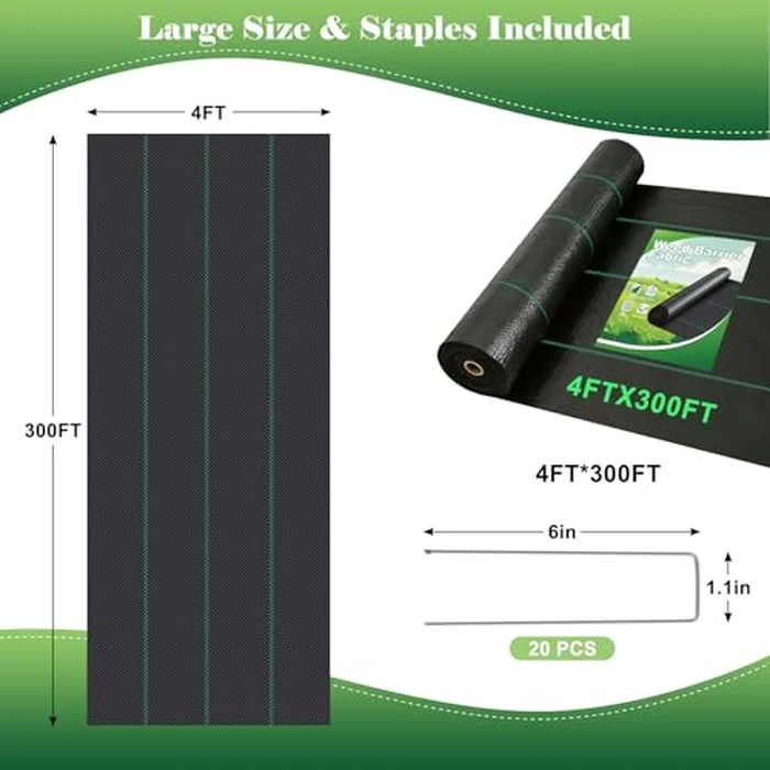 FEED GARDEN 4FT x 300FT Landscape Fabric Weed Barrier Fabric, Heavy Duty 3.2oz Weed Control Mat, Weed Blocker Ground Cover Geotextile Fabric for Gardening, with 20 U-Shaped Stakes by FEED GARDEN - Image 2