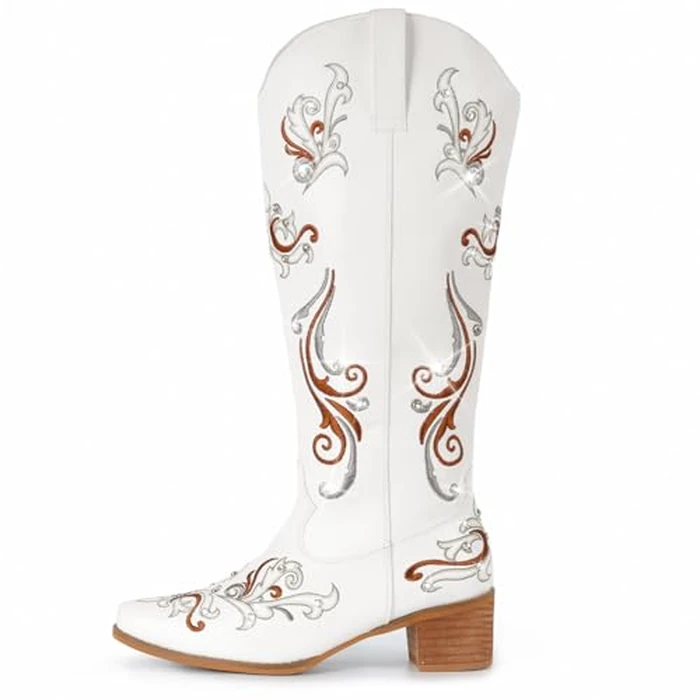 IUV Cowboy Boots for Women Sparkly Rhinestone Cowgirl Boots with Embroidery,Pointed Toe Chunky Knee High Western Boots by IUV - Image 2