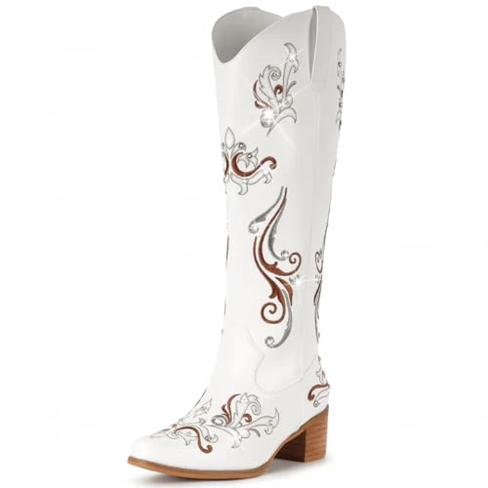 IUV Cowboy Boots for Women Sparkly Rhinestone Cowgirl Boots with Embroidery,Pointed Toe Chunky Knee High Western Boots by IUV - Image 4